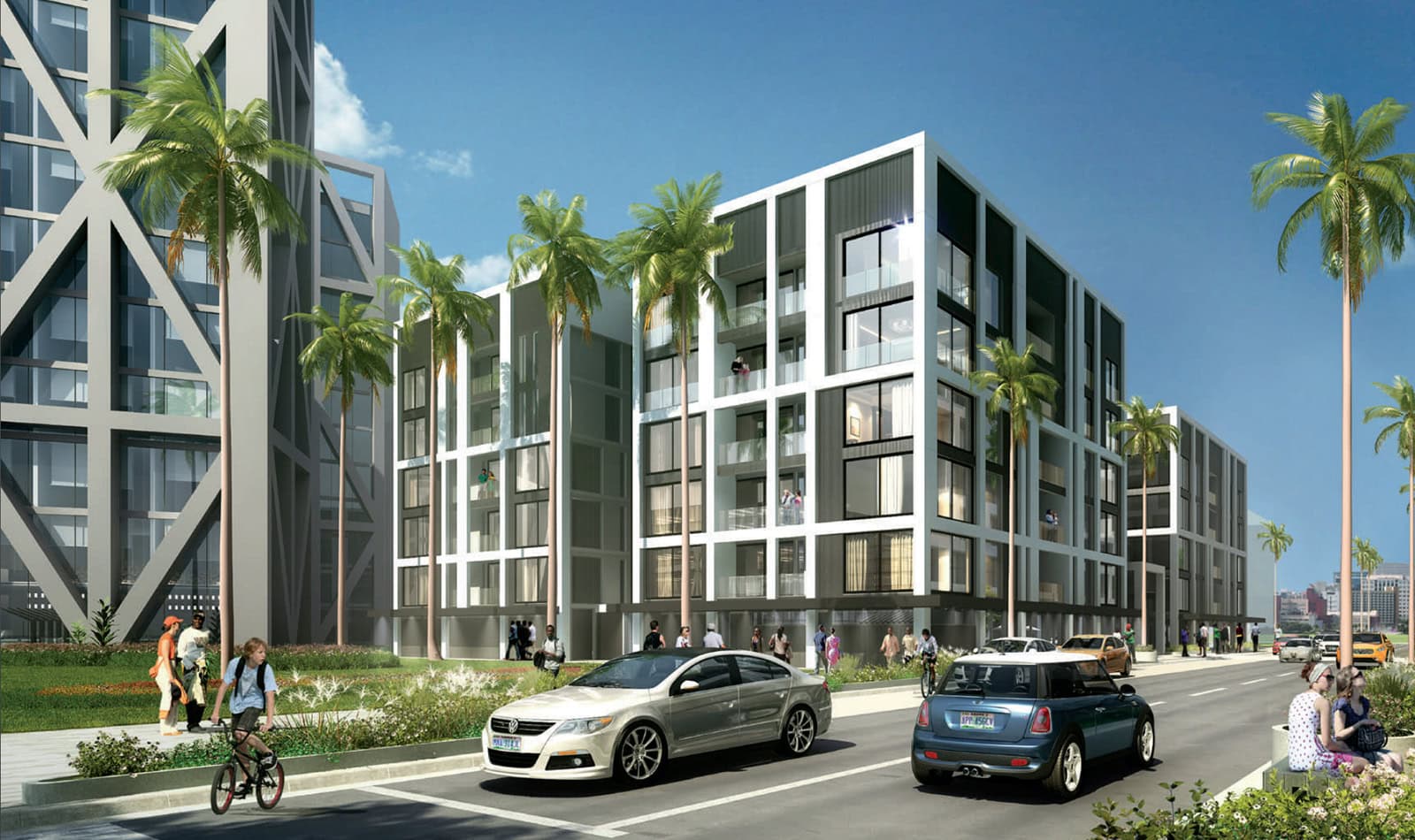 The Premier Collection, five buildings along a tree-lined street
