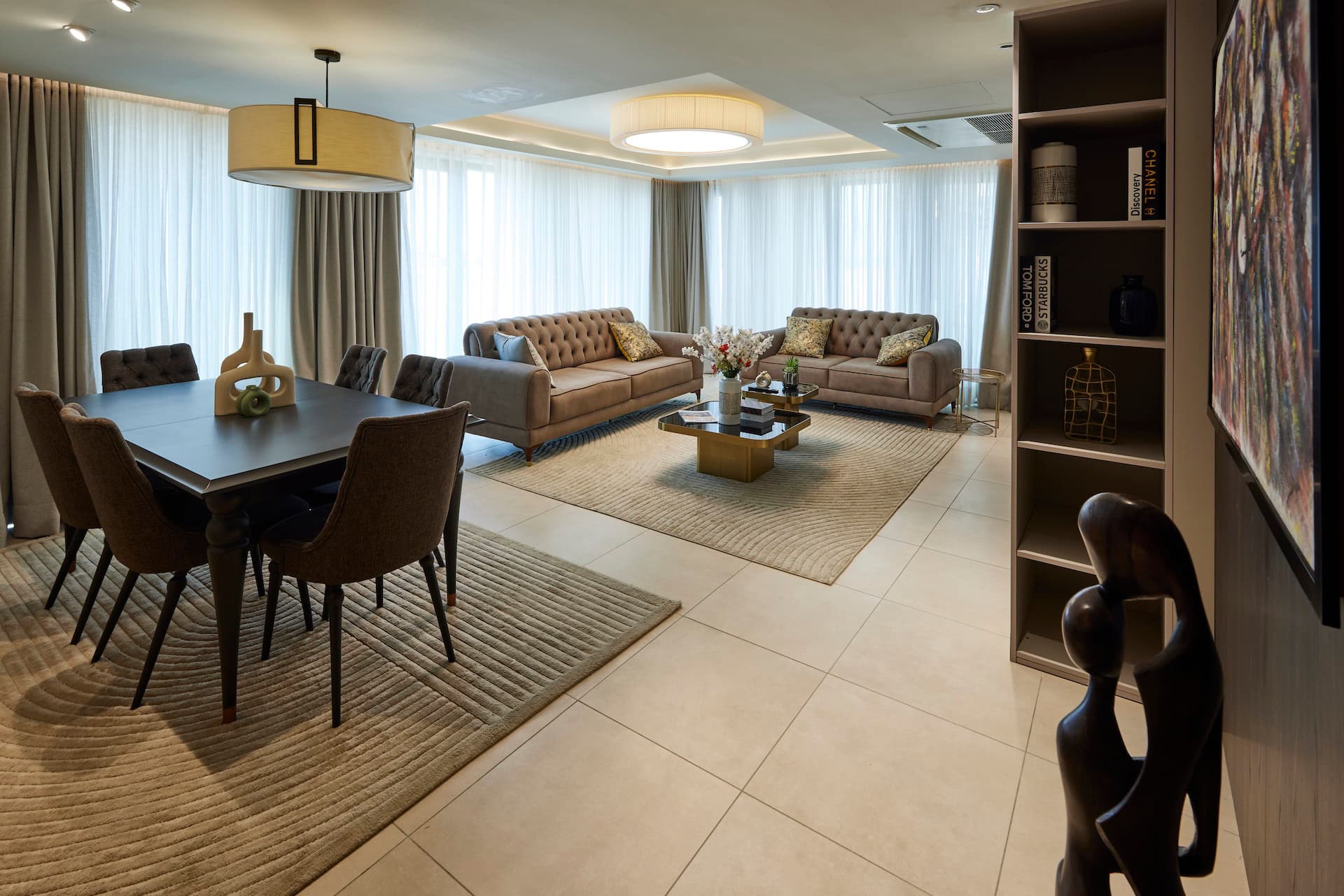 The dining and living room of a finished two bedroom apartment